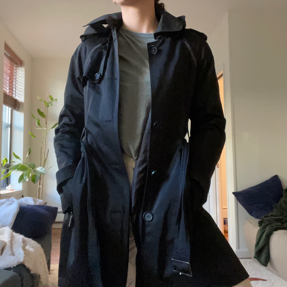 Black hooded French connection trench coat